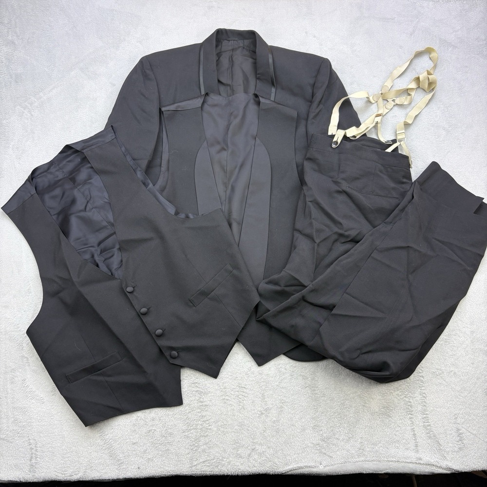 Vintage Lord West Tuxedo Men 46L 38x32 Black Full Suit Set 3 Piece 60s 70s Shawl